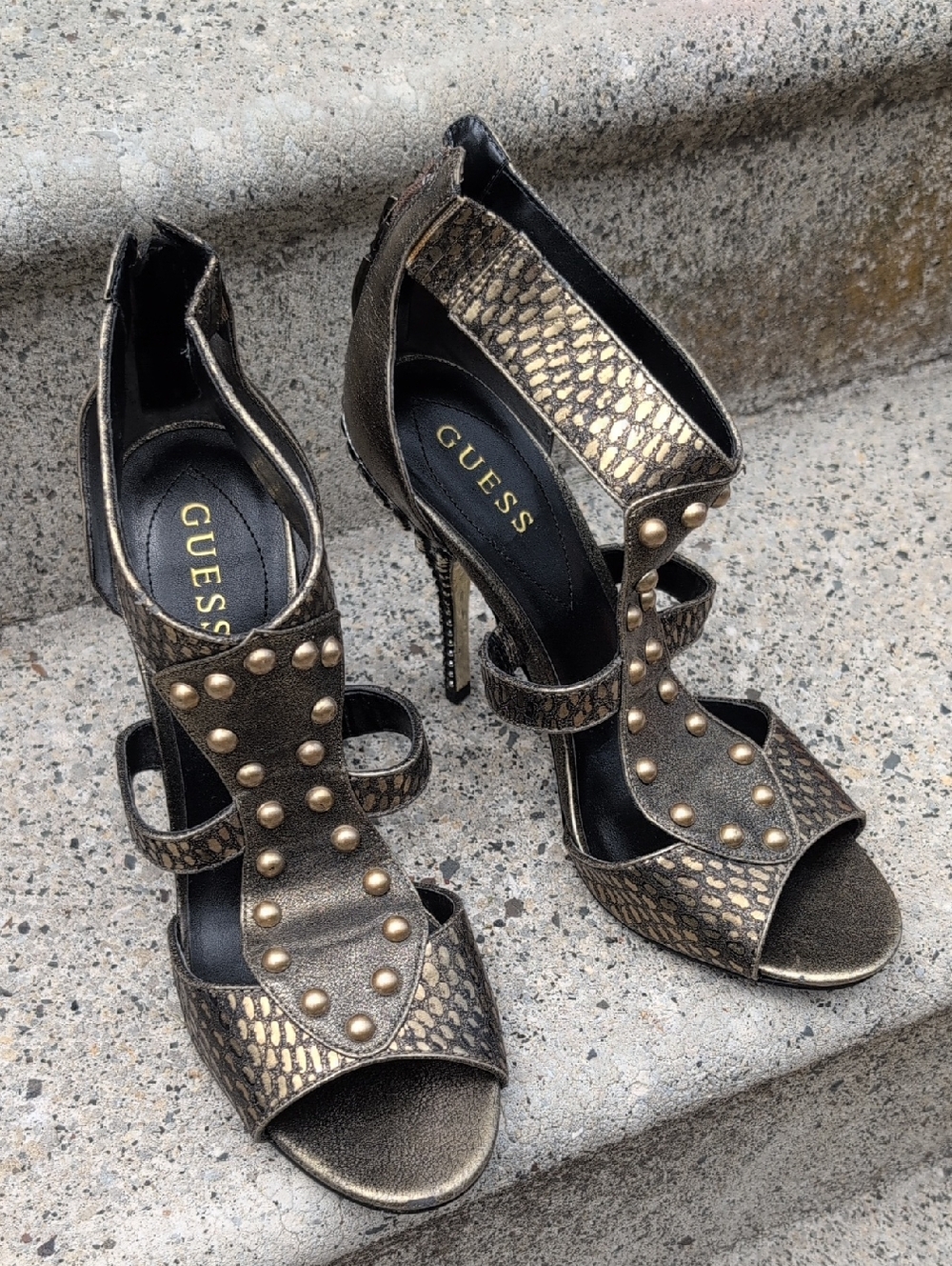 GUESS Gold Metallic Studded Snake-Texture High Heel Sandals